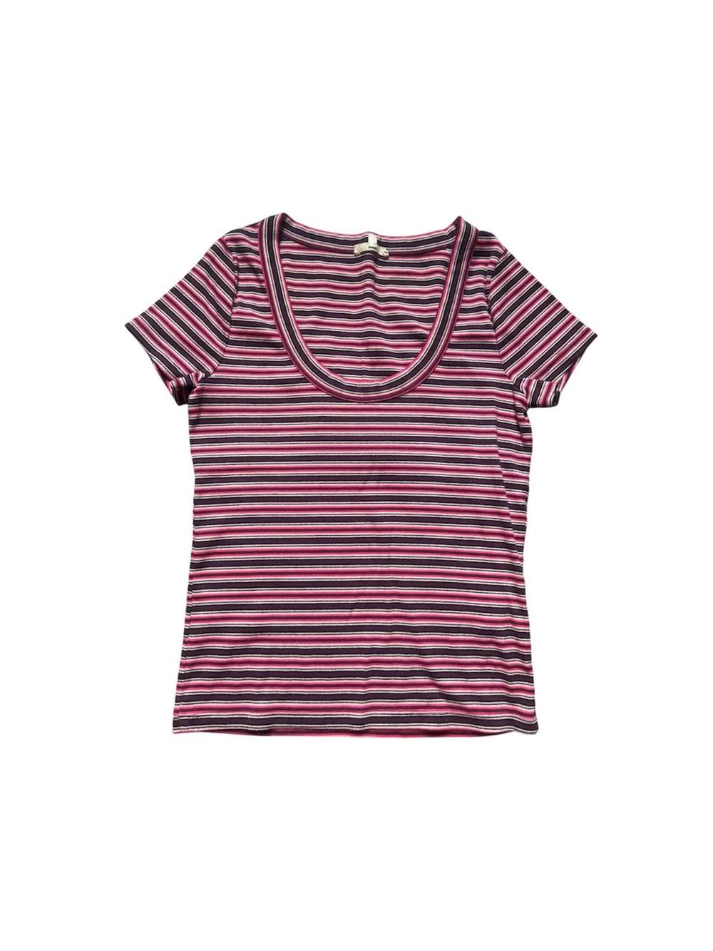 Madewell Pink and Black Striped Scoop Neck Short Sleeve Tee L